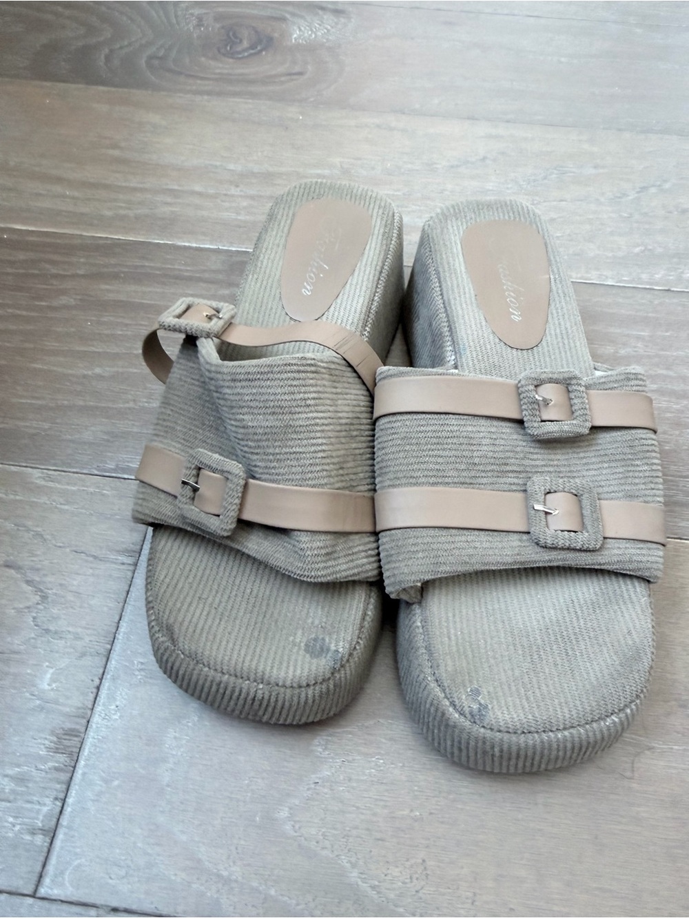 Neutral Beige Slide Sandals with Buckle Straps
